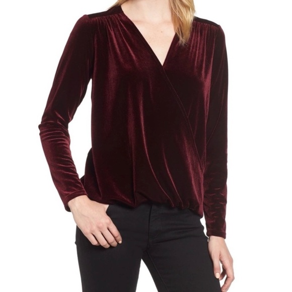 Gibson x Glam Squad Burgundy Velvet Wrap Top Y2K Style Holiday - Picture 7 of 7